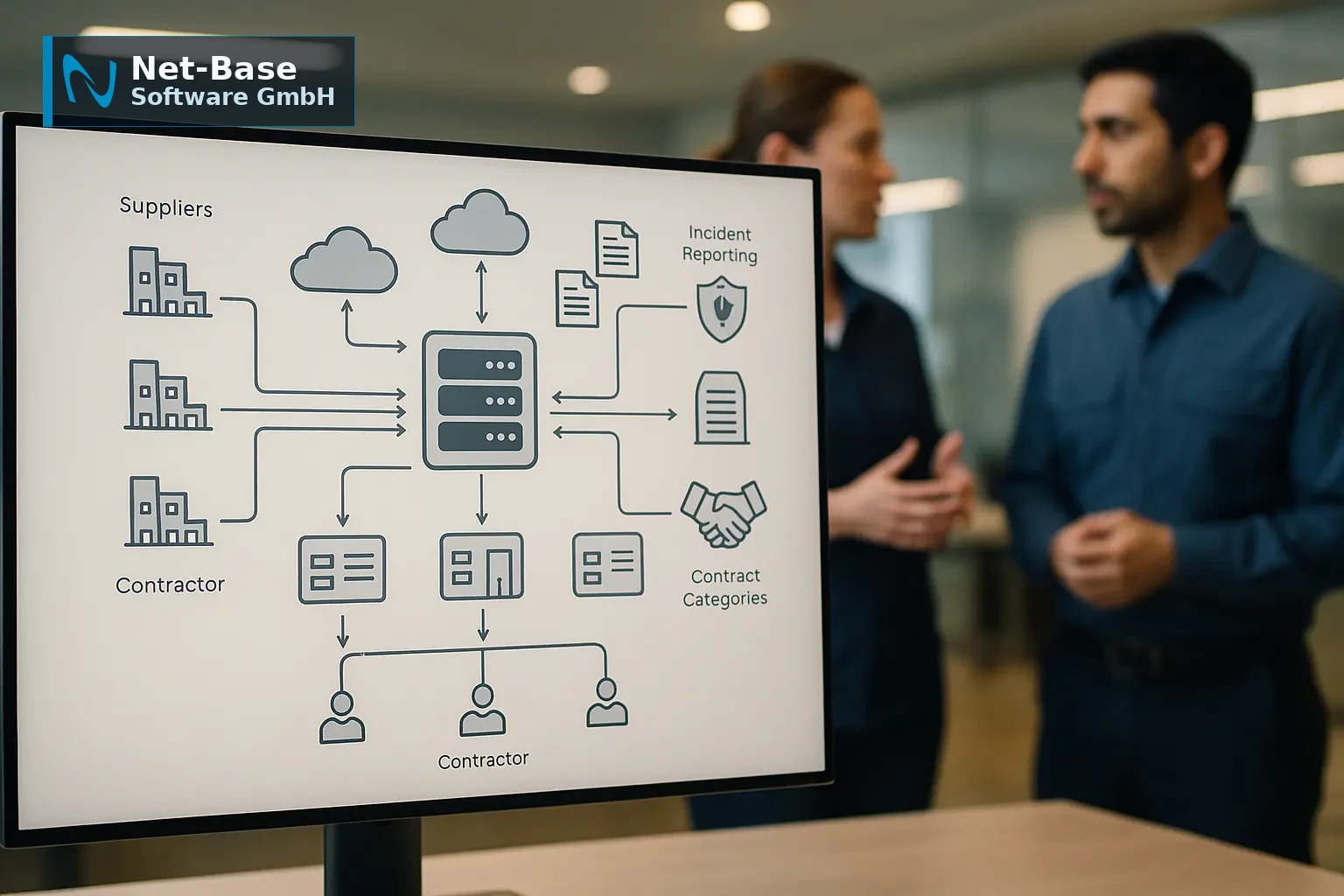 Architekturdiagramm eines Lieferketten‑Risiko‑Workflows mit Datenflüssen, Subunternehmer‑Layer und Vertragskategorien