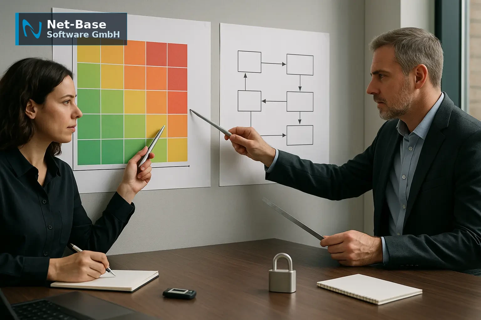 IT-Management bewertet Risiken nach NIS2 anhand einer Heatmap und eines Architekturdiagramms in einem Workshop.