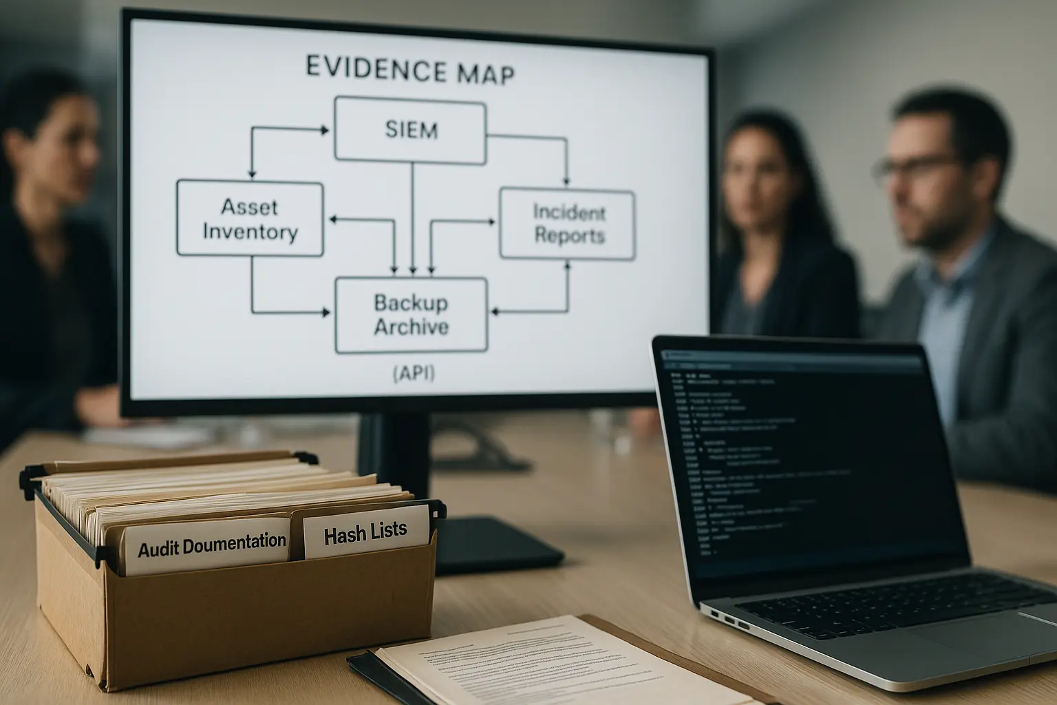 Architekturdiagramm einer Evidence-Map für NIS2 auf Bildschirm, Ordner mit Prüfungsunterlagen und Laptop mit Log-Export