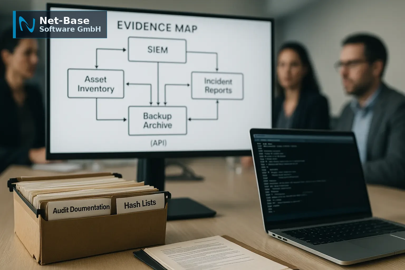 Architekturdiagramm einer Evidence-Map für NIS2 auf Bildschirm, Ordner mit Prüfungsunterlagen und Laptop mit Log-Export