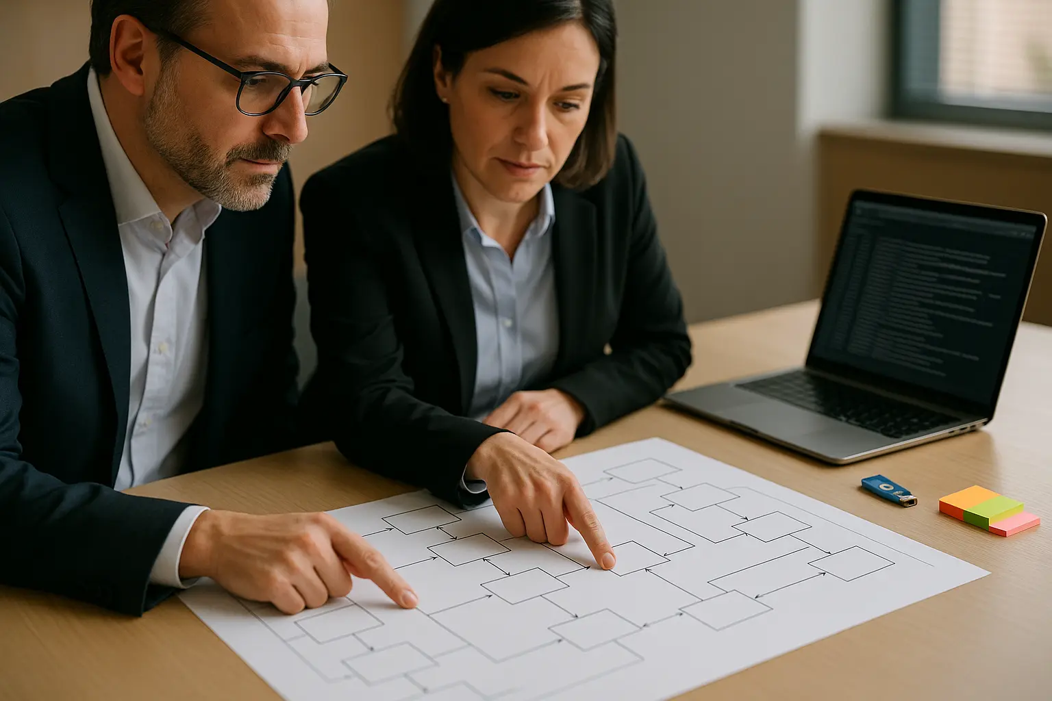 IT-Manager und Security-Verantwortliche priorisieren NIS2-Controls anhand eines Architekturdiagramms mit Datenflüssen und...