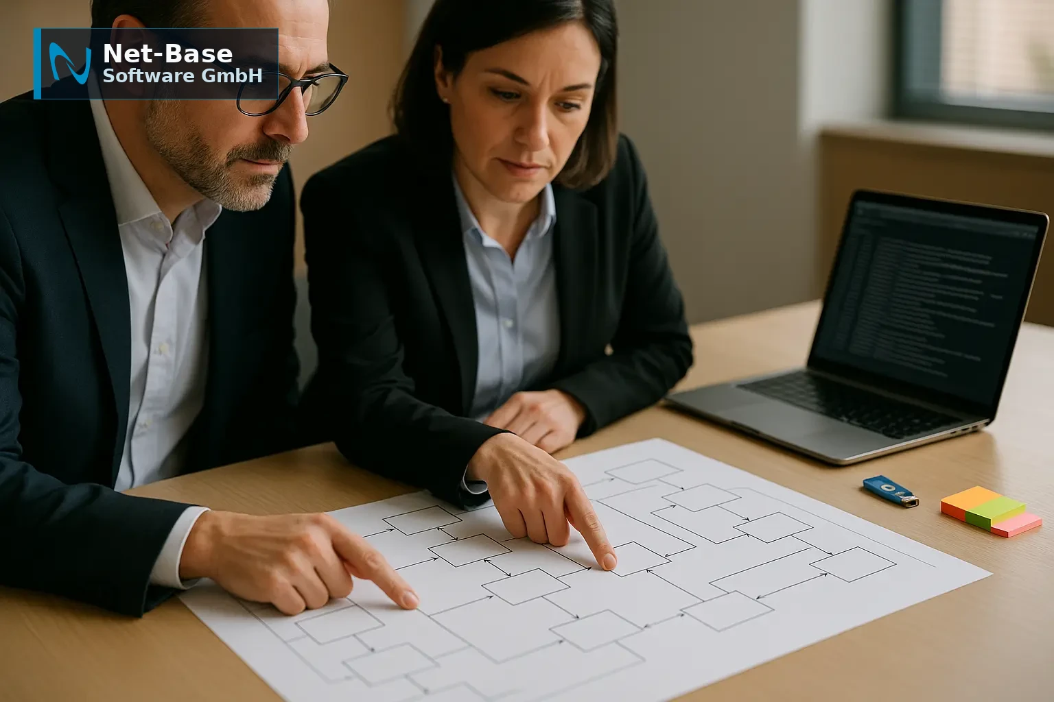 IT-Manager und Security-Verantwortliche priorisieren NIS2-Controls anhand eines Architekturdiagramms mit Datenflüssen und...