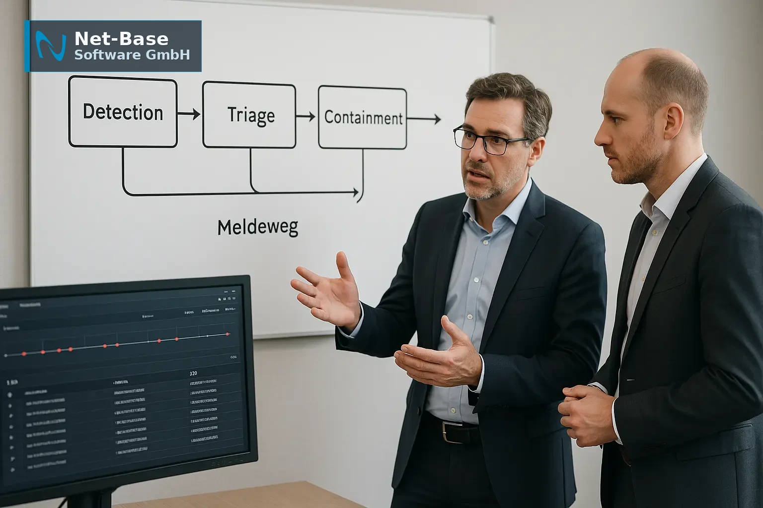 Architekturdiagramm mit Incident-Flow, Timeline-Stempeln und IT‑Leads bei der Abstimmung über Meldeprozesse