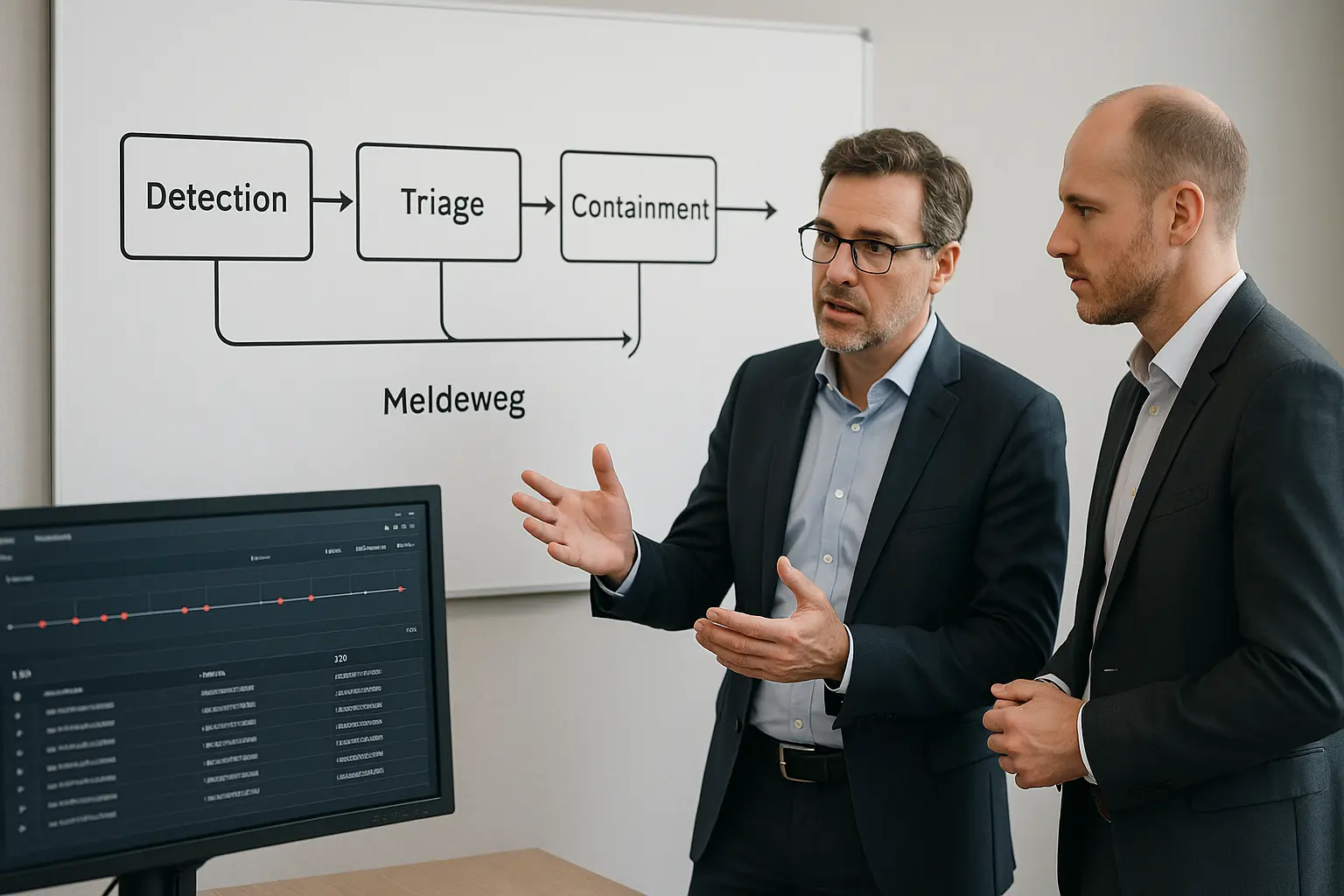 Architekturdiagramm mit Incident-Flow, Timeline-Stempeln und IT‑Leads bei der Abstimmung über Meldeprozesse