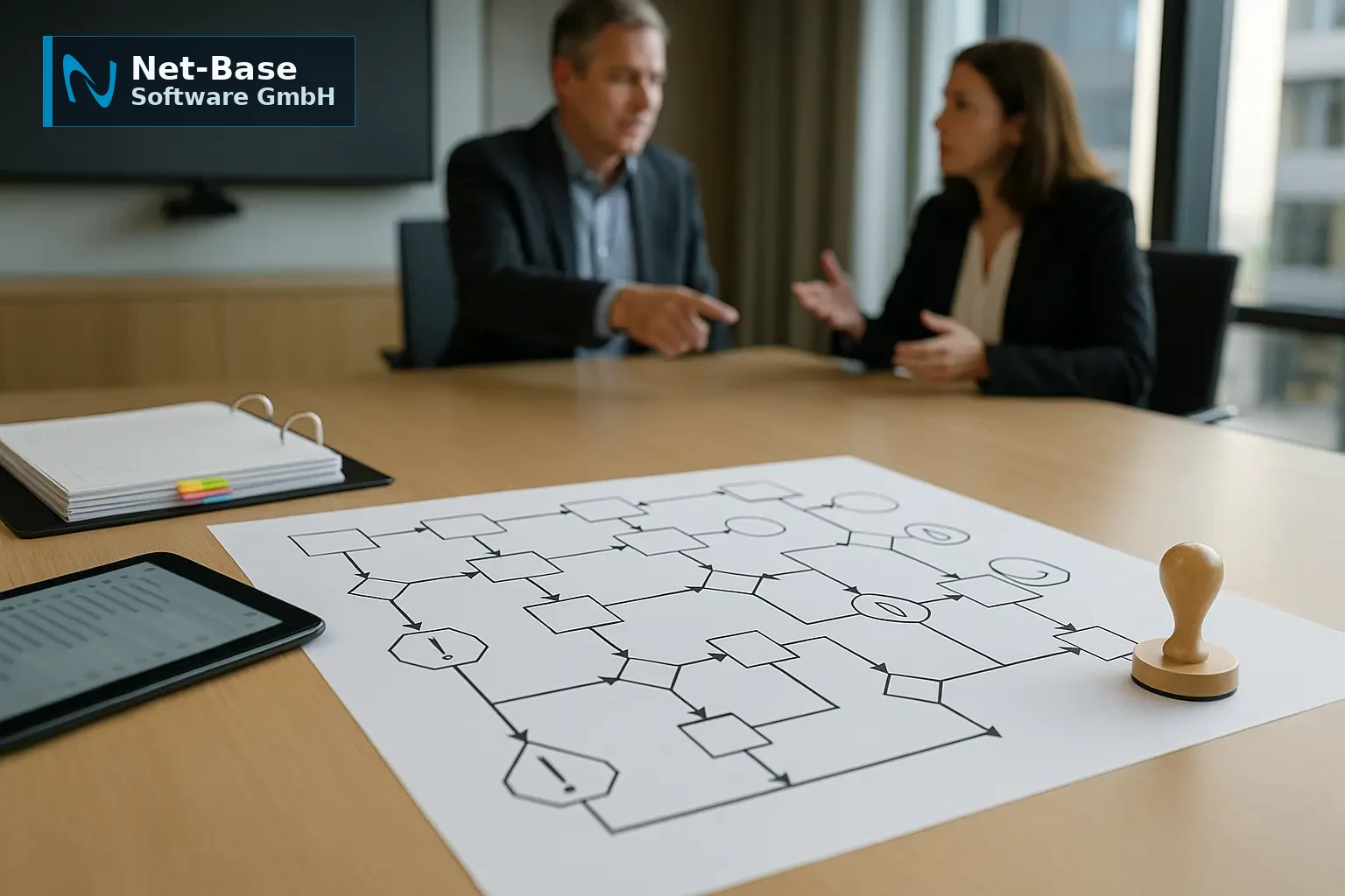 Governance- und Sicherheitsprozess als Diagramm und Audit-Ordner auf einem Konferenztisch zur Umsetzung von NIS2.