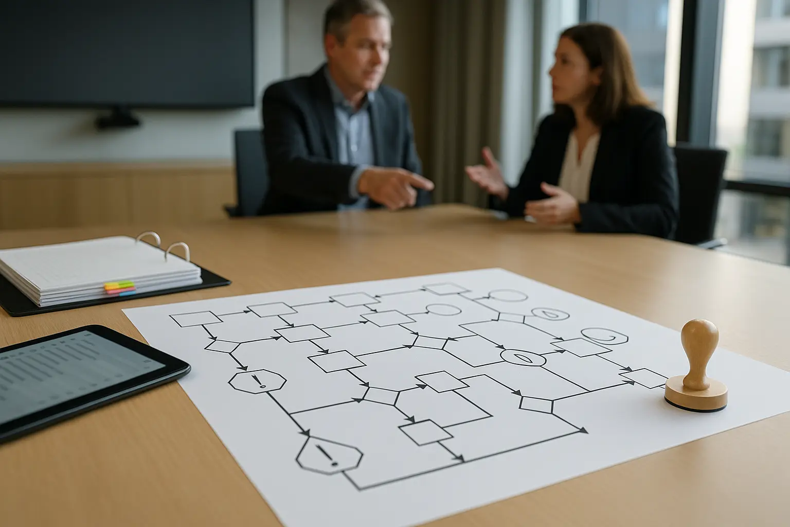 Governance- und Sicherheitsprozess als Diagramm und Audit-Ordner auf einem Konferenztisch zur Umsetzung von NIS2.