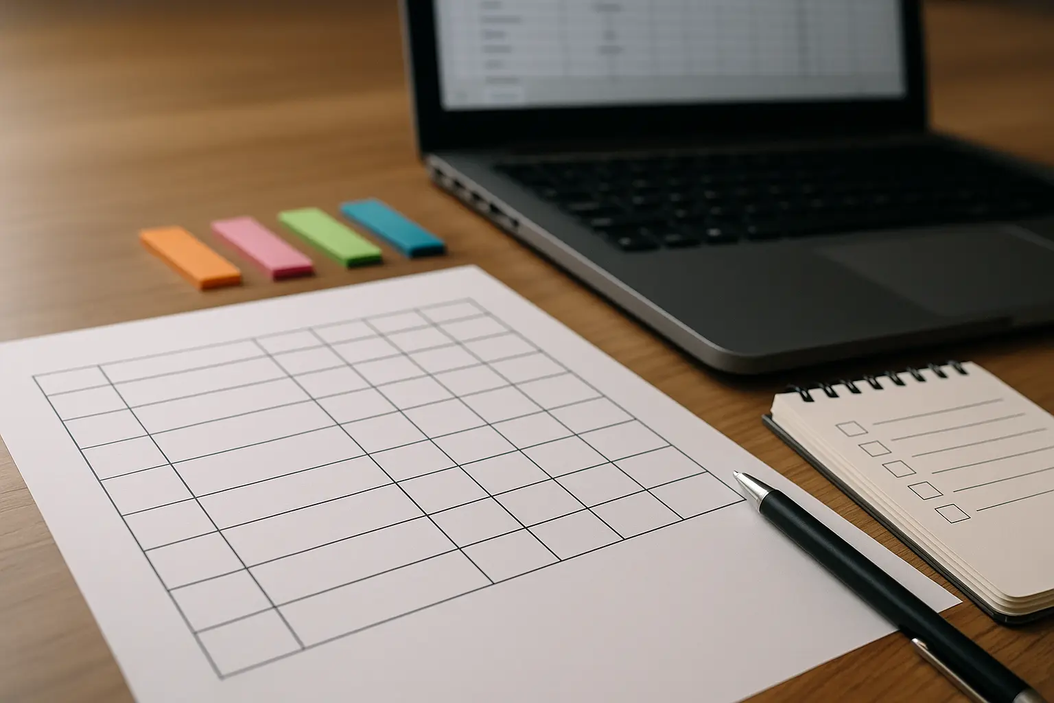 Arbeitsmaterialien mit tabellarischem Raster und Checklisten als Symbol für RACI, Board-Agenda und Ausnahmeprozess.