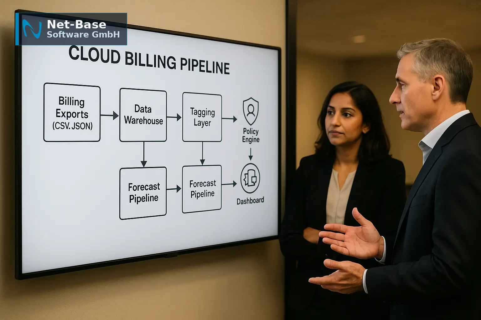 Architekturdiagramm mit Cloud-Billing-, Tagging- und Kostenstellen-Layer auf einem großen Display in einem Besprechungsraum
