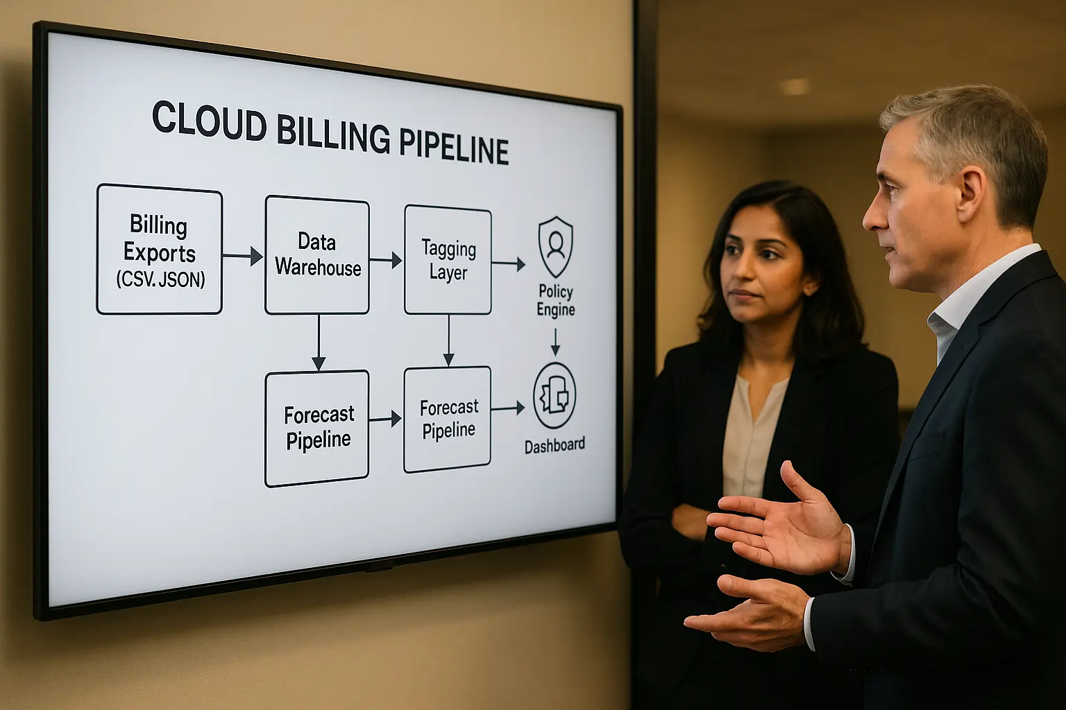 Architekturdiagramm mit Cloud-Billing-, Tagging- und Kostenstellen-Layer auf einem großen Display in einem Besprechungsraum