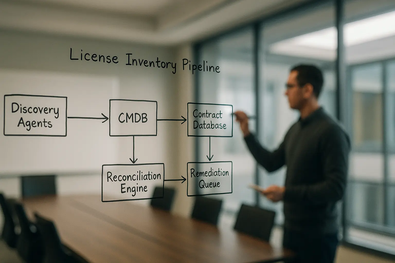 Architekturdiagramm einer License Inventory Pipeline mit Discovery, CMDB, Vertragsdatenbank und Remediation‑Queue