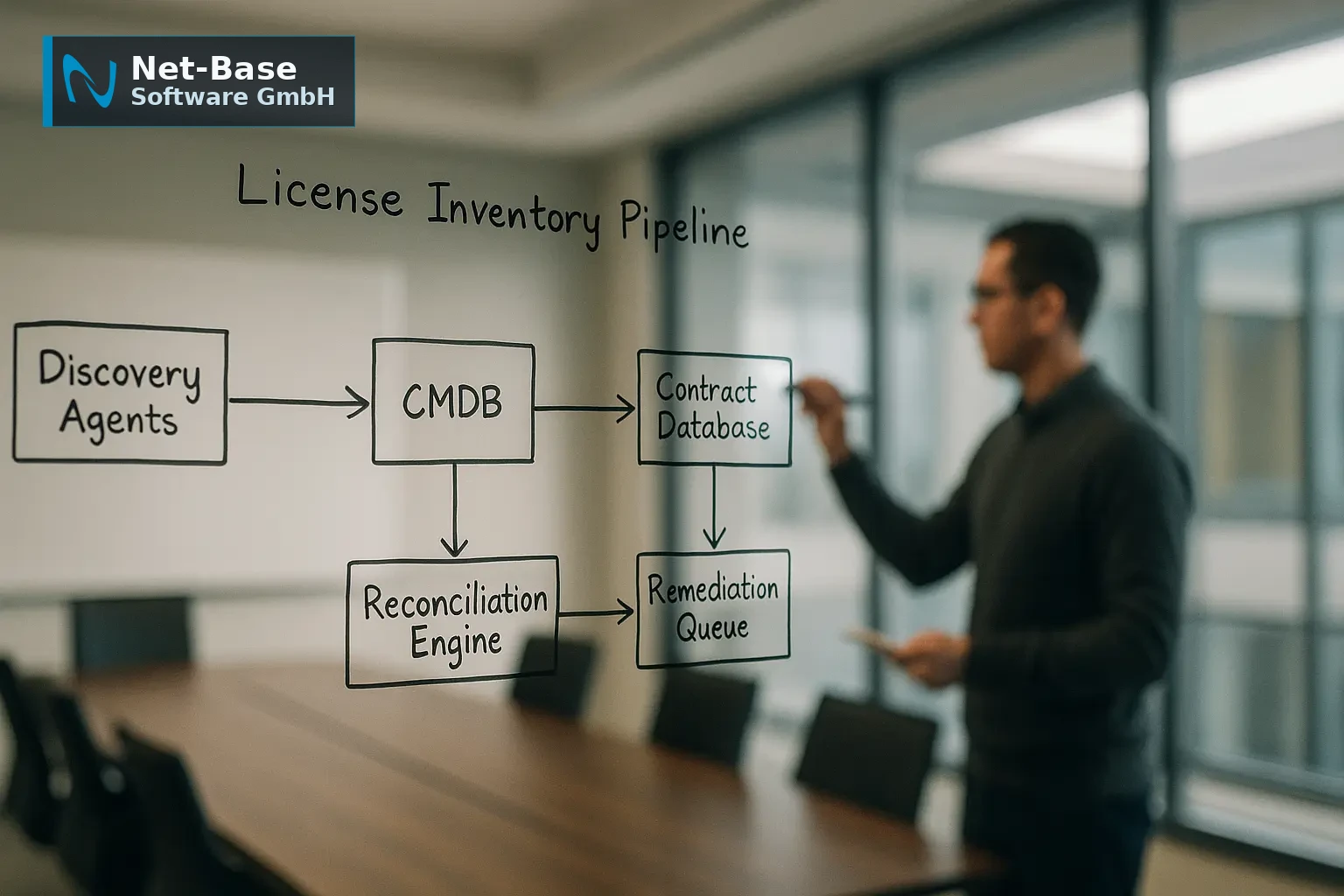 Architekturdiagramm einer License Inventory Pipeline mit Discovery, CMDB, Vertragsdatenbank und Remediation‑Queue
