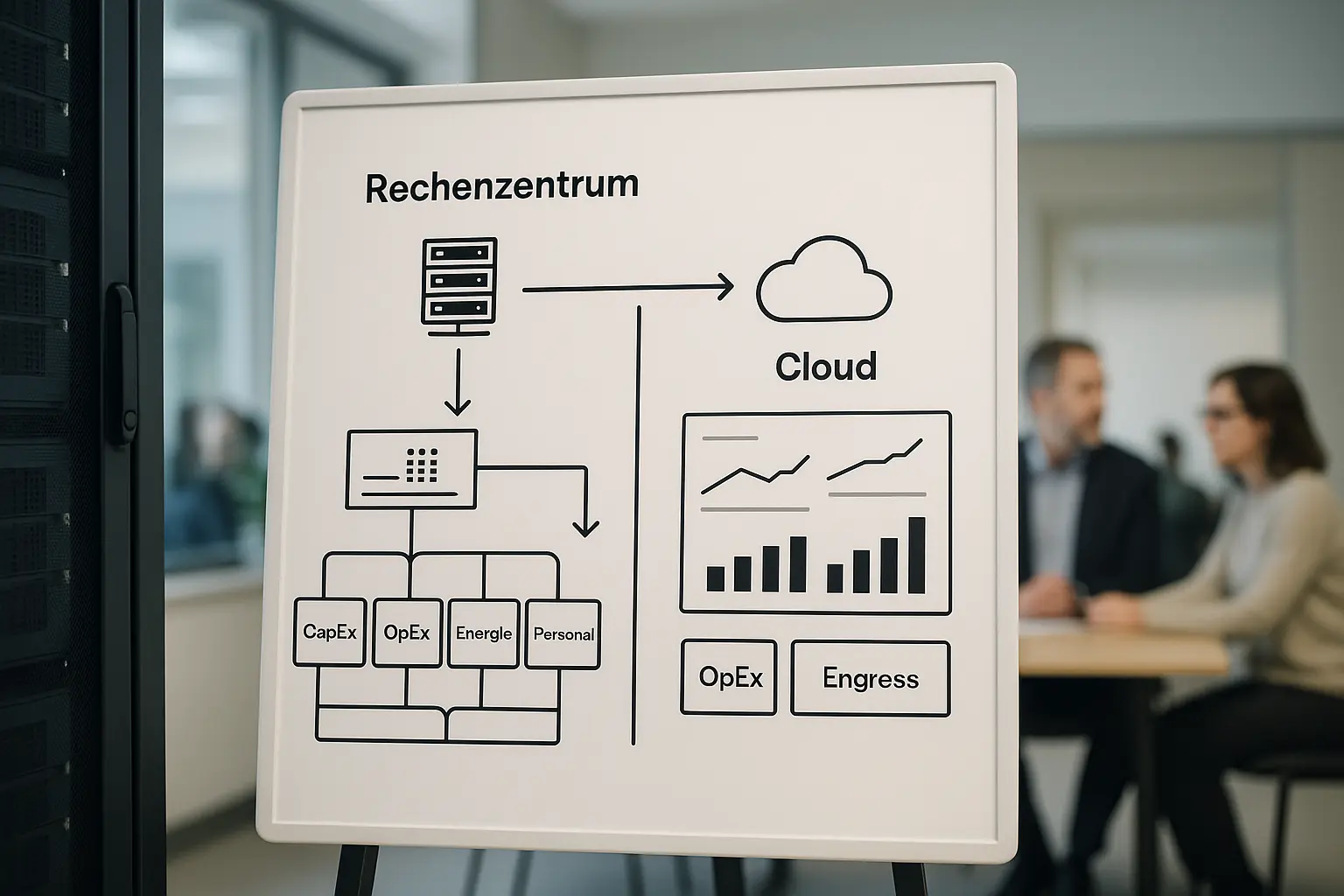 Schematische Architektur mit Kostenblöcken und KPI‑Dashboard zum Vergleich Rechenzentrum vs. Cloud