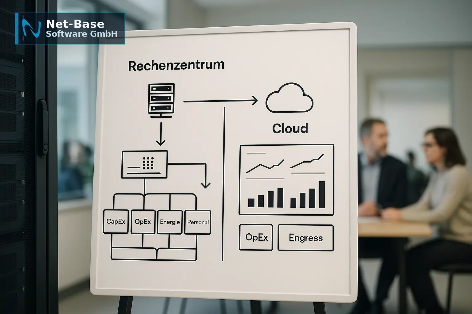 Schematische Architektur mit Kostenblöcken und KPI‑Dashboard zum Vergleich Rechenzentrum vs. Cloud
