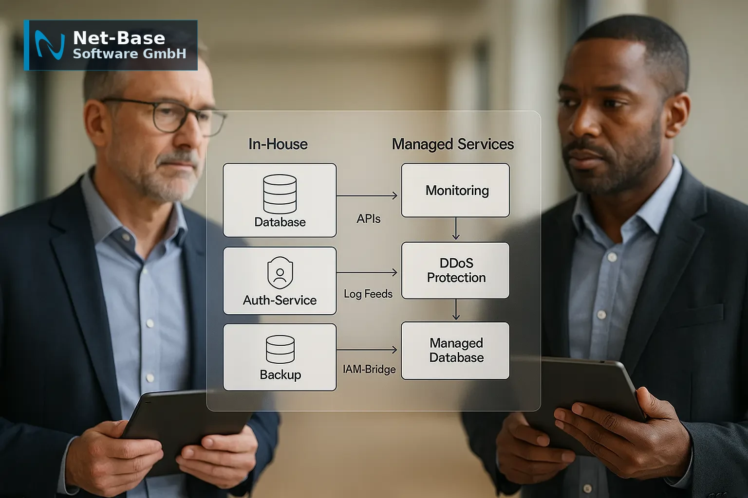 Architekturdiagramm mit Inhouse‑ und Managed‑Service‑Blöcken, IT‑Leitung prüft Schnittstellen und Verantwortlichkeiten