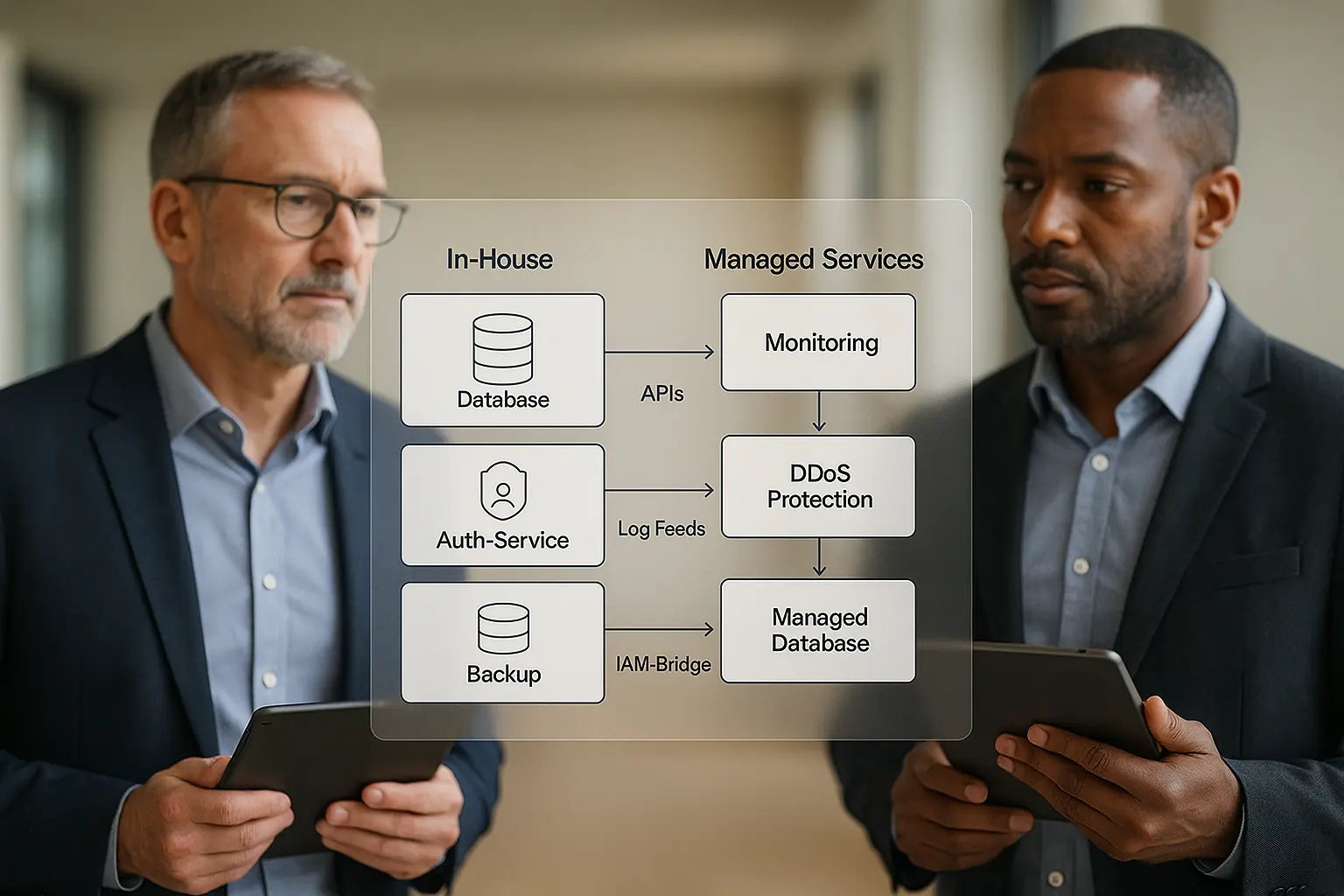 Architekturdiagramm mit Inhouse‑ und Managed‑Service‑Blöcken, IT‑Leitung prüft Schnittstellen und Verantwortlichkeiten