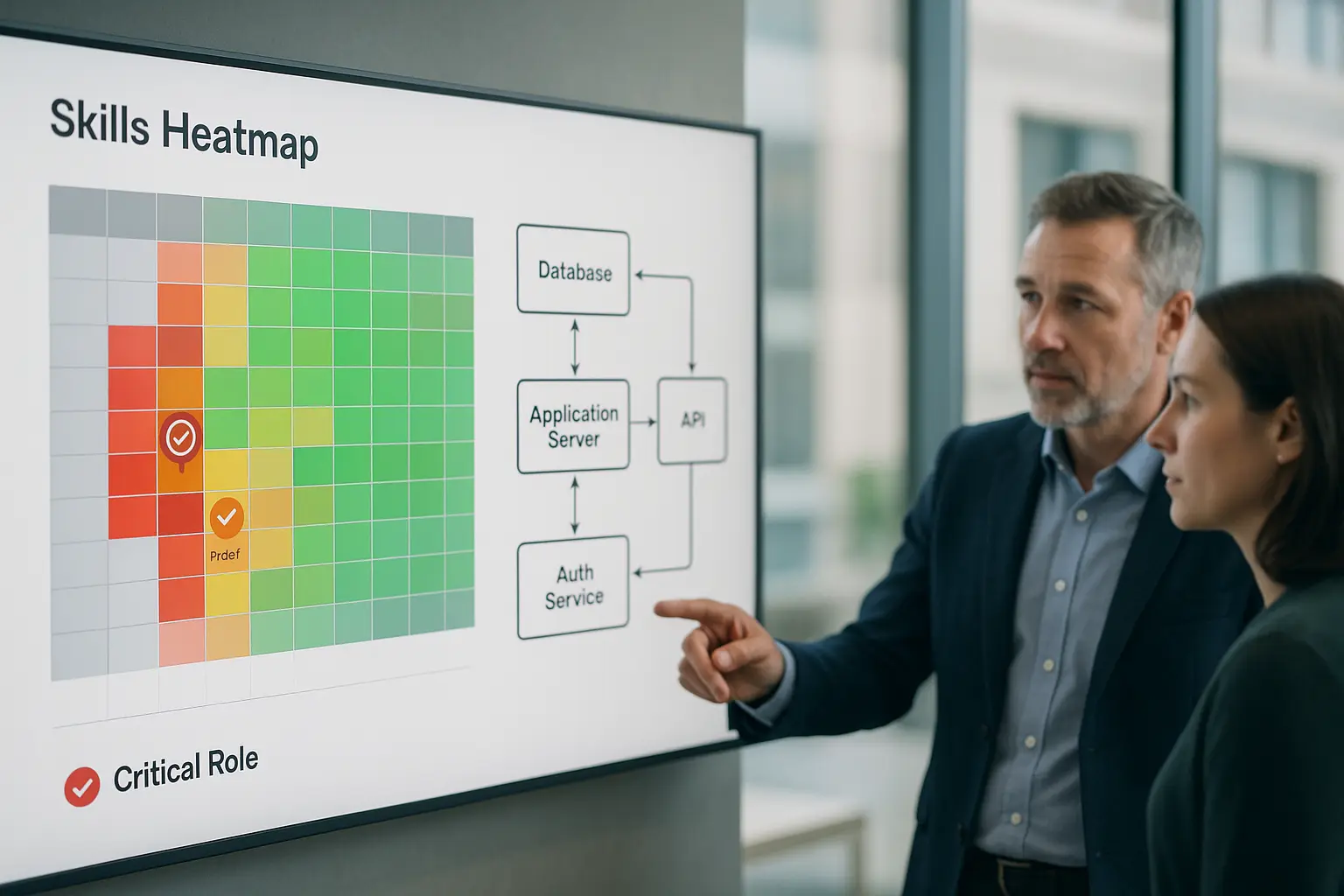Interaktives Dashboard mit farbkodierter Qualifikationsmatrix und Architekturdiagramm im Vordergrund