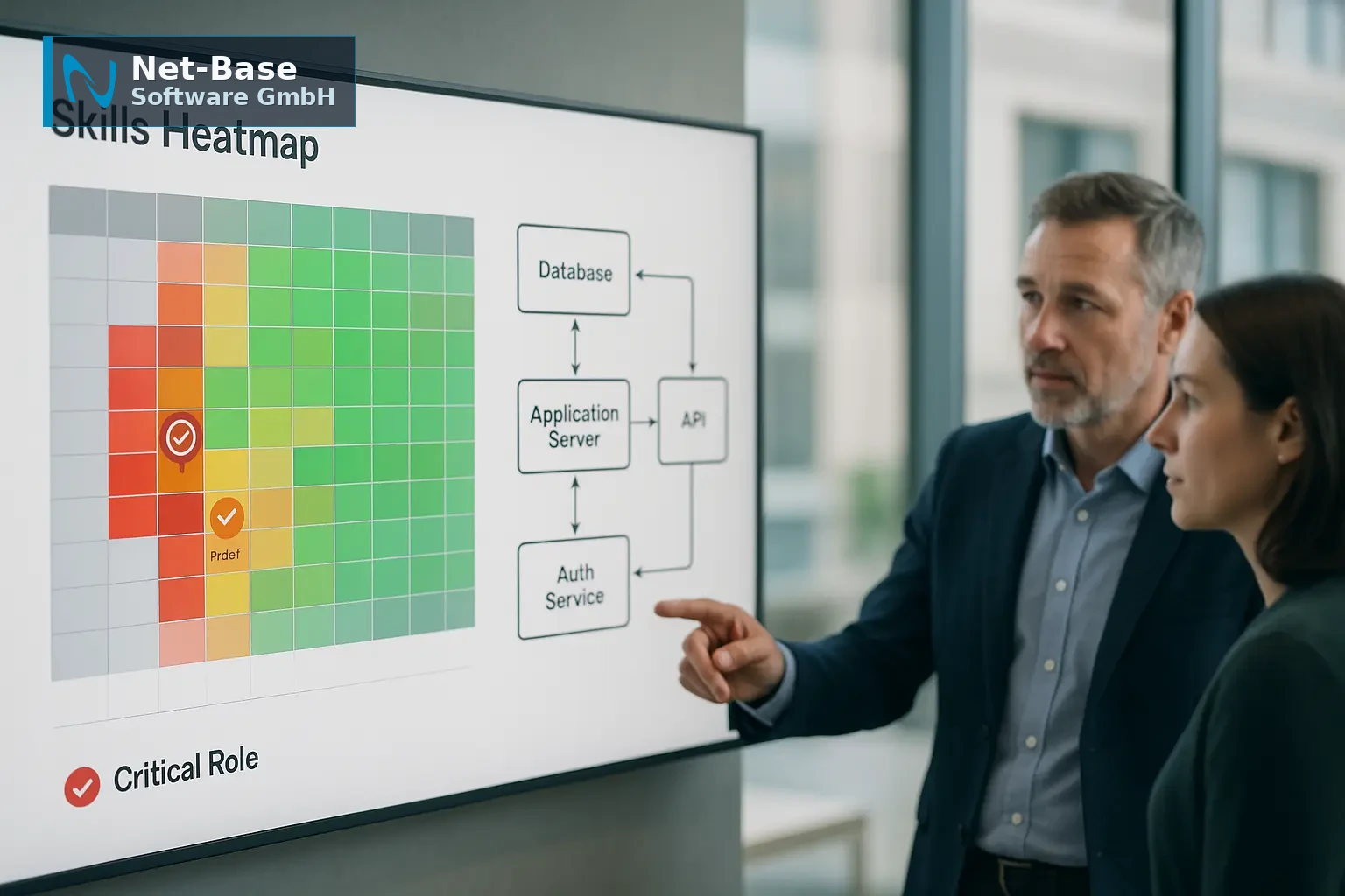 Interaktives Dashboard mit farbkodierter Qualifikationsmatrix und Architekturdiagramm im Vordergrund