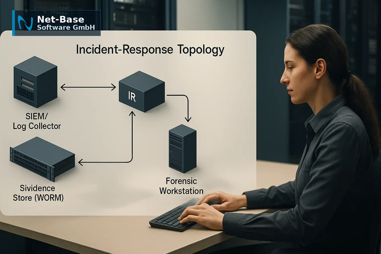 Architekturdiagramm einer Incident‑Response‑Topologie mit Rollen, Datenflüssen und Eskalationspfaden