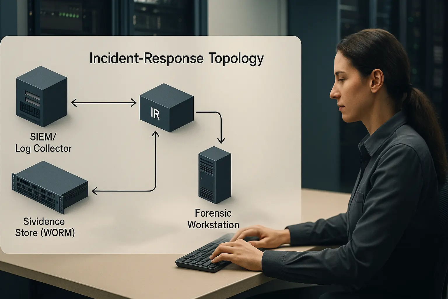 Architekturdiagramm einer Incident‑Response‑Topologie mit Rollen, Datenflüssen und Eskalationspfaden