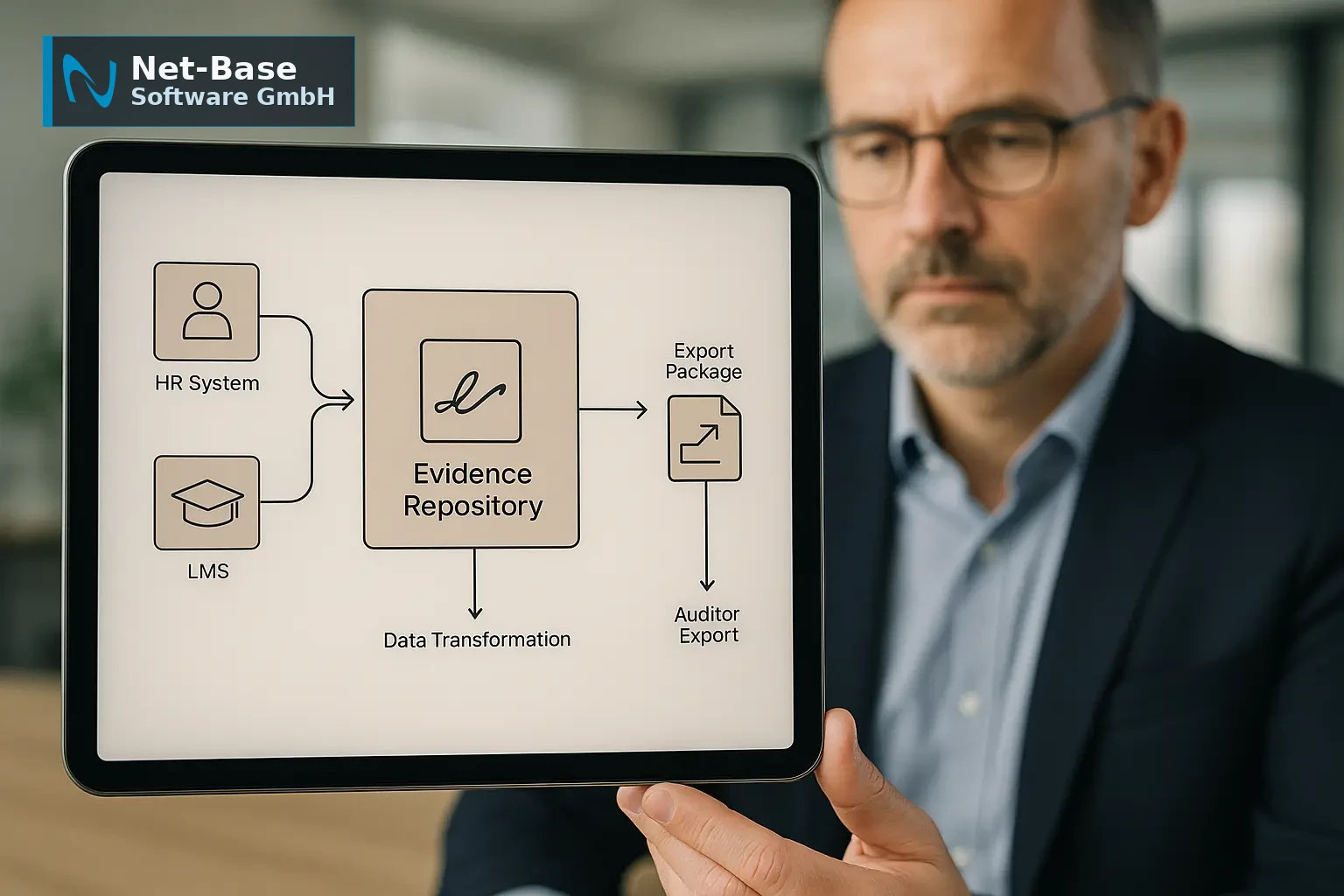 Architekturdiagramm einer Evidence‑Pipeline: HR, LMS, IAM werden zu einem signierten Evidence‑Repository zusammengeführt...