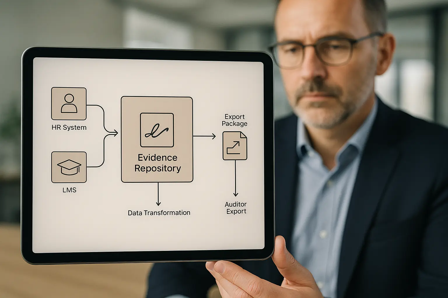 Architekturdiagramm einer Evidence‑Pipeline: HR, LMS, IAM werden zu einem signierten Evidence‑Repository zusammengeführt...