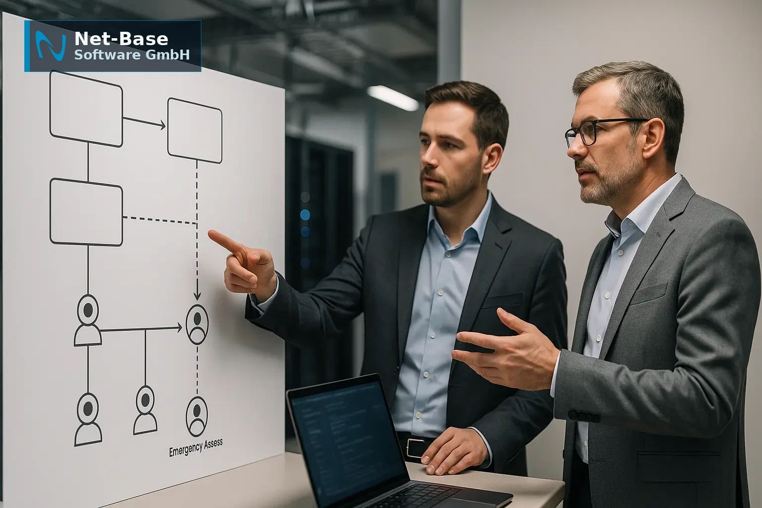 IT-Manager betrachten ein Diagramm zu Rollenübergabe, Notfallzugang und Systemabhängigkeiten für Kontinuität.