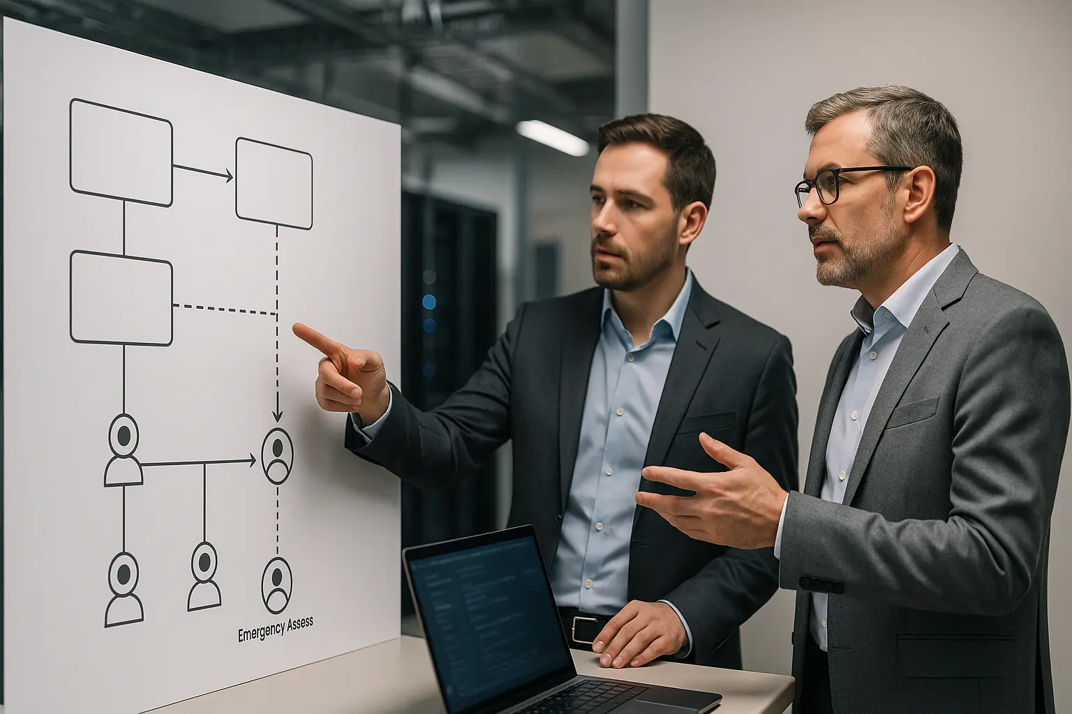 IT-Manager betrachten ein Diagramm zu Rollenübergabe, Notfallzugang und Systemabhängigkeiten für Kontinuität.