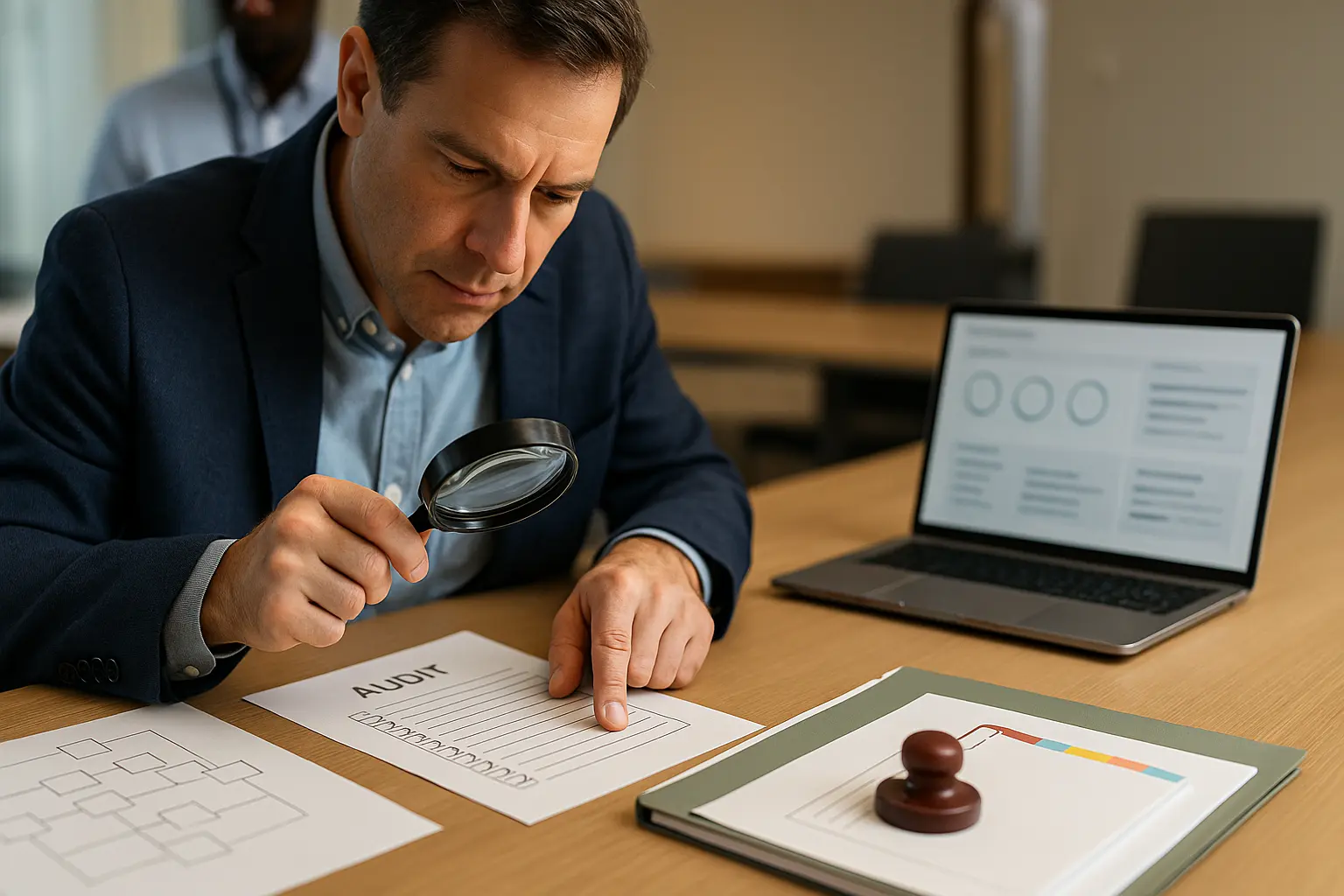 Audit- und Governance-Unterlagen mit textfreiem Architekturdiagramm als Motiv für Zertifizierungsstrategie im IT-Team