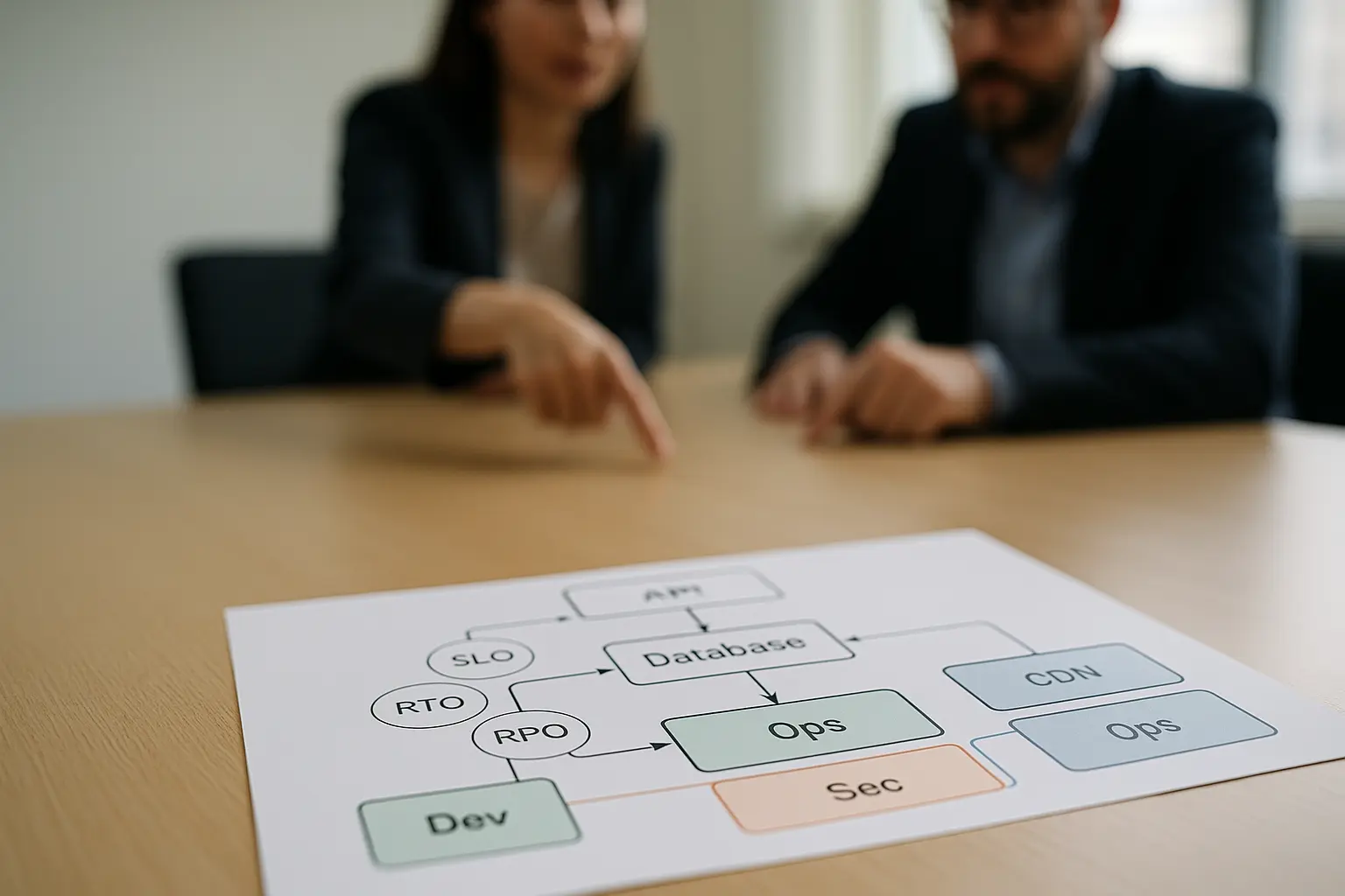 Entscheidungsbaum-Diagramm mit Systemblöcken, Datenflüssen und Verantwortlichkeitsmarkierungen für Dev, Sec und Ops