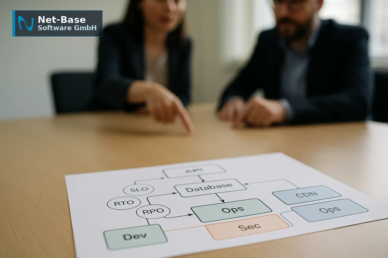 Entscheidungsbaum-Diagramm mit Systemblöcken, Datenflüssen und Verantwortlichkeitsmarkierungen für Dev, Sec und Ops